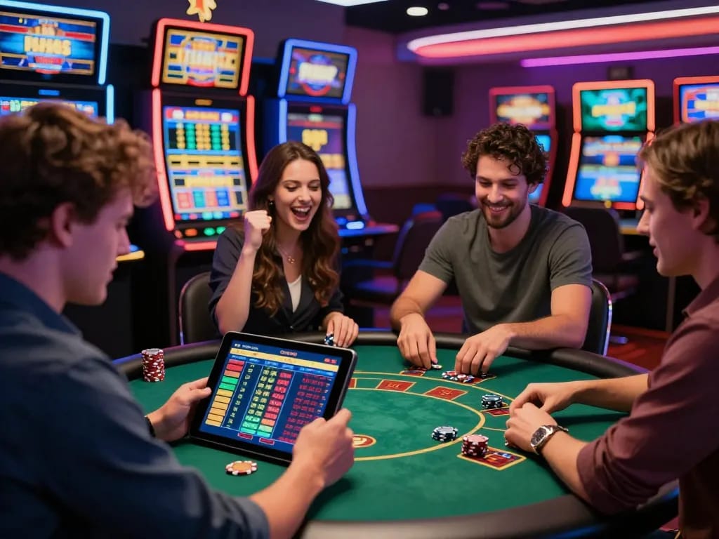 Diverse players enjoying 8KBET online gambling experience at a vibrant casino-like setting.