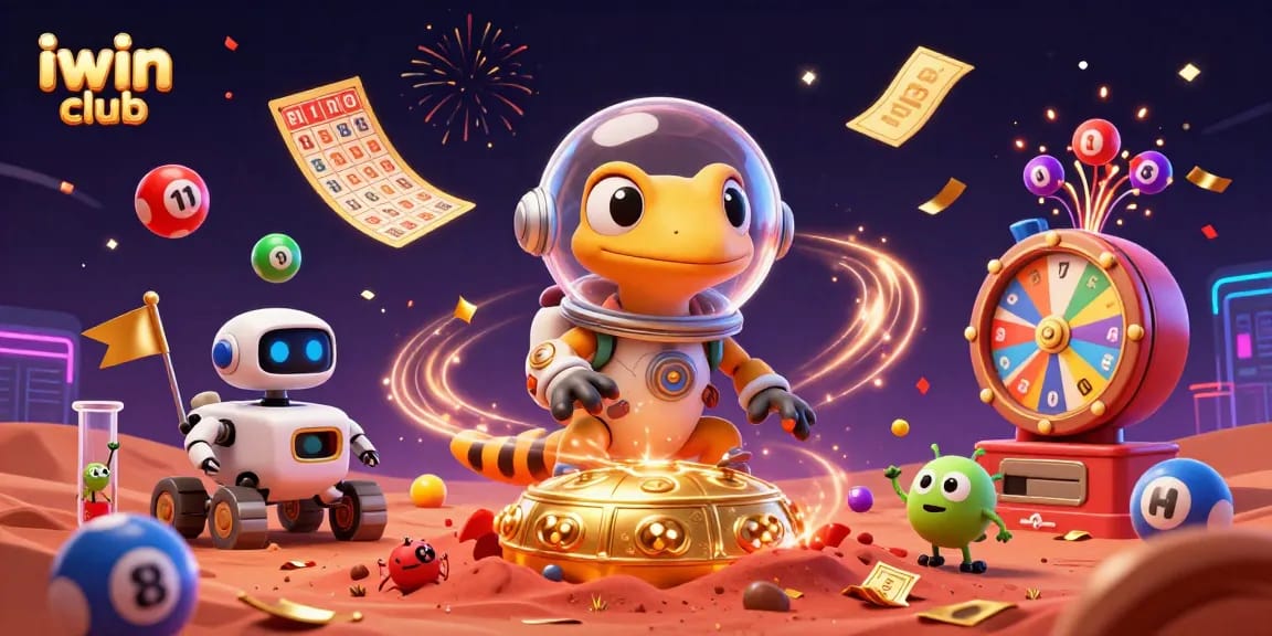 Join the excitement at iwin club with a Martian gecko discovering golden casino treasures!
