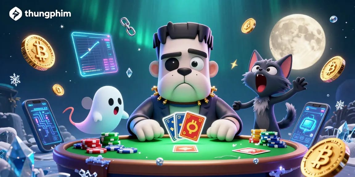 Engage in thrilling card games with thungphim's spooky characters at a vibrant casino table