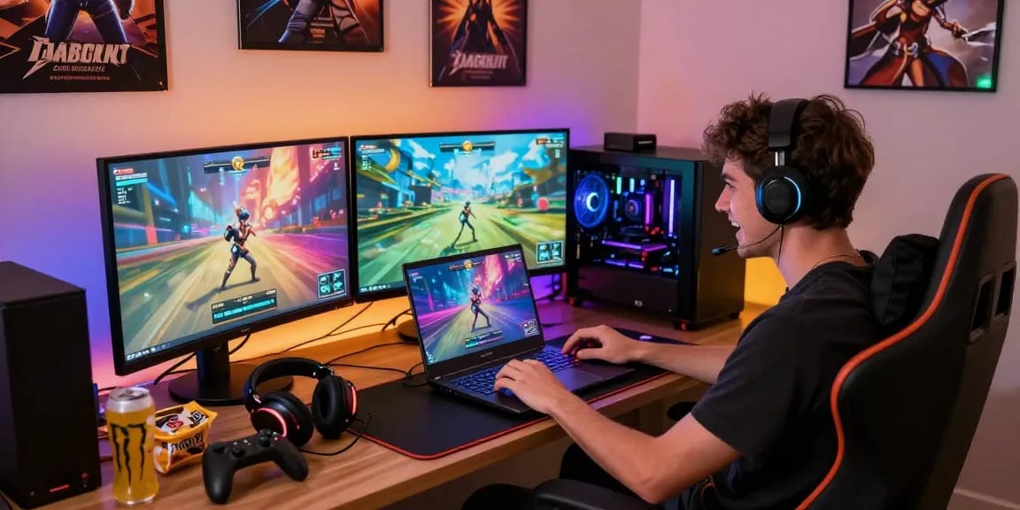 Engaging scene of a gamer playing porn games html on a vibrant setup with immersive graphics and cozy atmosphere.