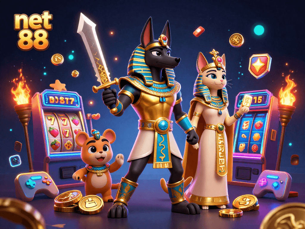 Engage with thrilling net 88 slot action in this vibrant 3D casino scene featuring Anubis and Bastet.