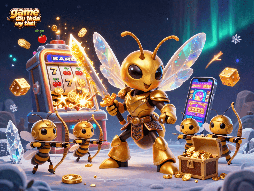 Engage in game đổi thưởng uy tín with vibrant slot machines, golden dice, and lively casino elements.