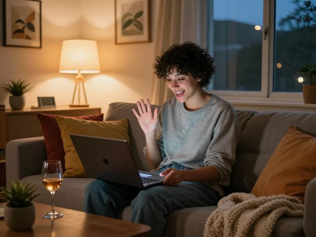 Engaging in a lively sexchat session on a laptop in a cozy living room.