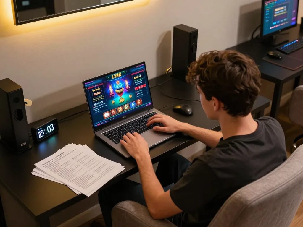 Engaged player enjoying LV88 online casino experience with strategic notes and a budget app.