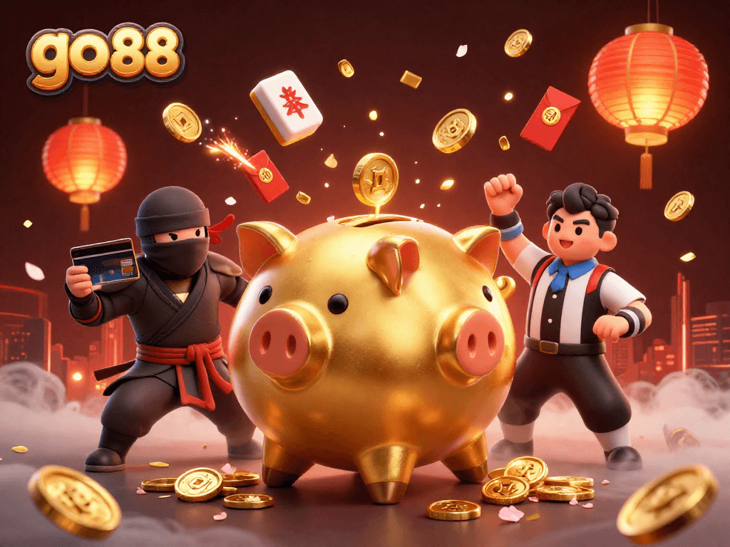 Experience the thrilling action of go 88 with a golden piggy bank sumo wrestler in an energetic casino scene.