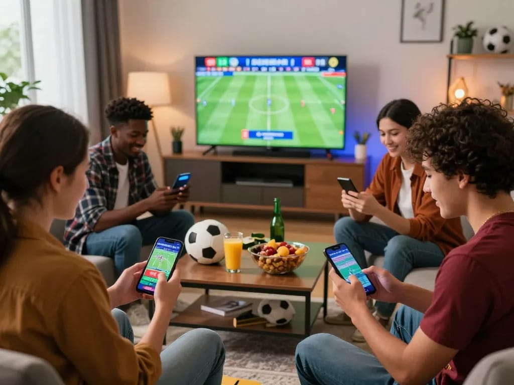 Diverse group of friends engaging in web cá độ bóng đá in a lively living room, placing bets on mobile devices with excitement.