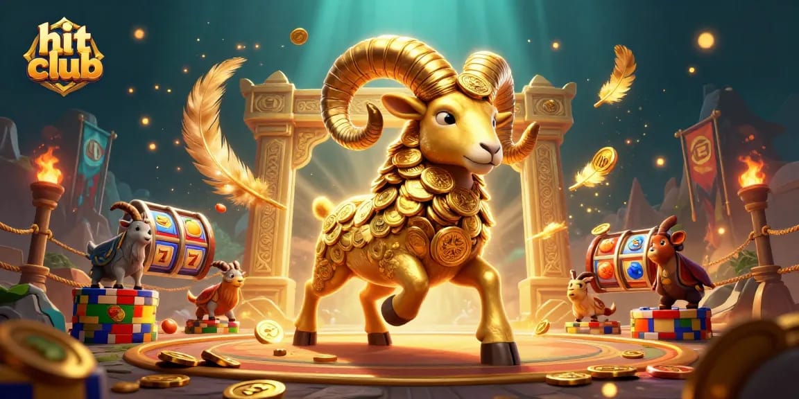 A dynamic scene of a golden ram charging through the hit club arena, surrounded by vibrant slot game elements.