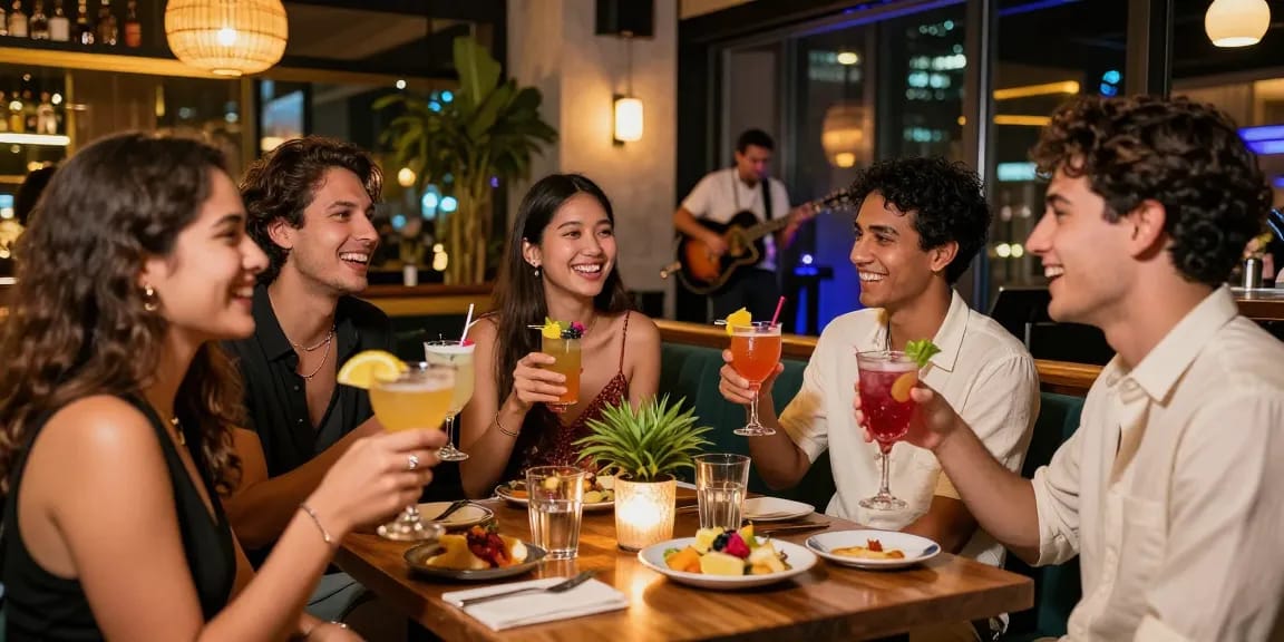Friends enjoying vibrant nightlife at rokok88 bar, cocktails and laughter.