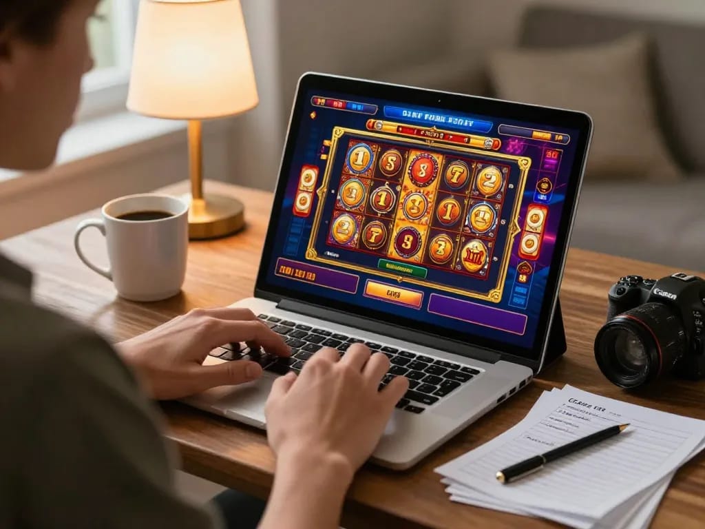 Play slots at KK55 using a tablet in a cozy home setting for exciting gaming.