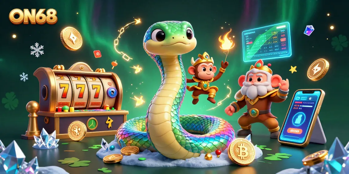 Win big at ON68 with a vibrant illustration of a casino scene featuring a playful monkey king and rainbow serpent amidst dynamic gaming elements.