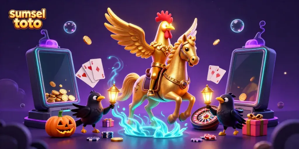 Play exciting slot games at sumsel toto with a festive casino scene featuring a golden rooster.
