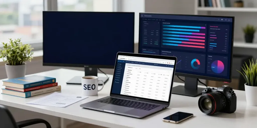 SEO specialist studying instant indexing metrics in a stylish digital workspace.
