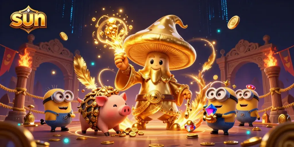 Engage in exciting gambling adventures with sun-themed 3D illustrations showcasing treasures and magic.