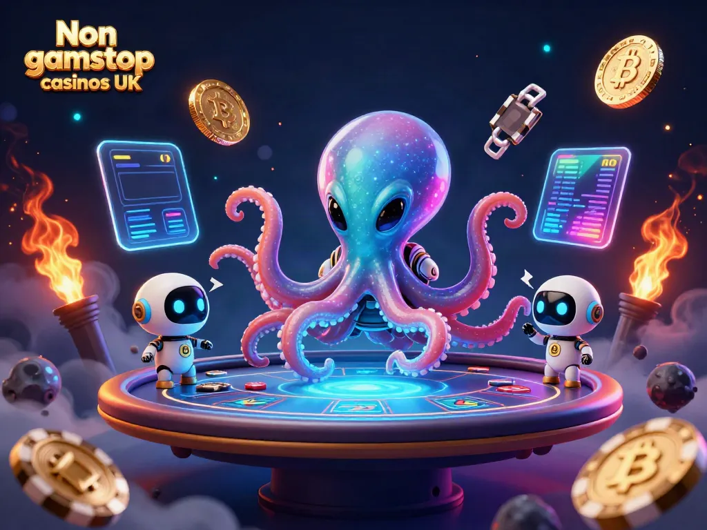 Engaging scene of Non gamstop casinos UK featuring an alien octopus at a holographic poker table.