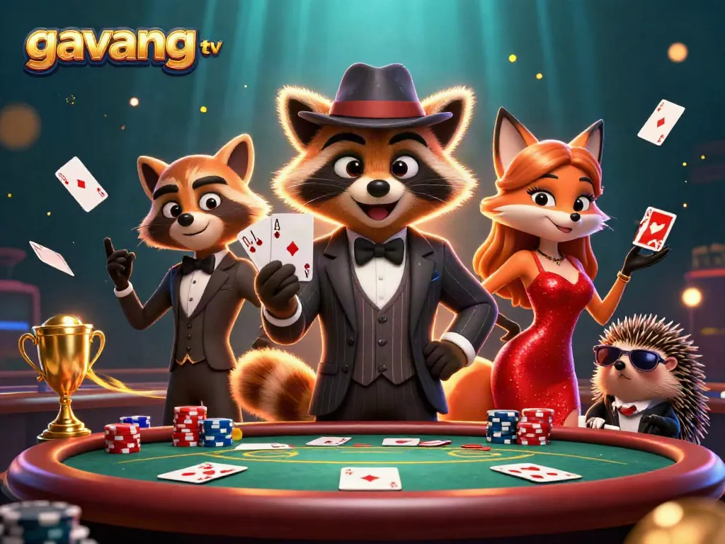 Play poker at gavang tv with suave raccoon and charming fox surrounded by chips and cards.
