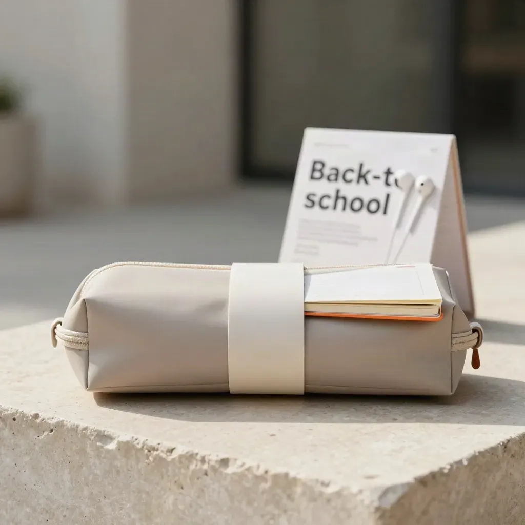 Sealed study bundle with notebook, earbuds and pencil case sliding on pale stone.