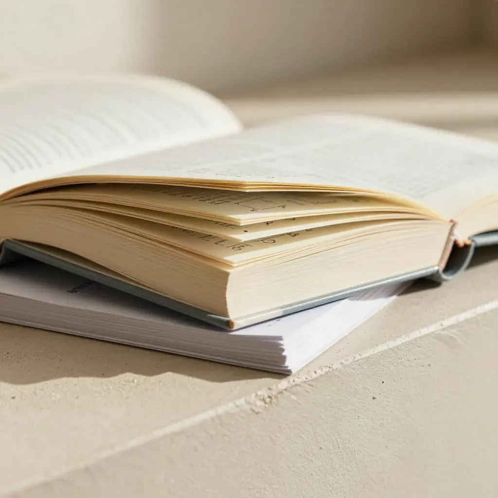 Macro of a maths book, pencil and answer sheets on a warm plaster ledge.