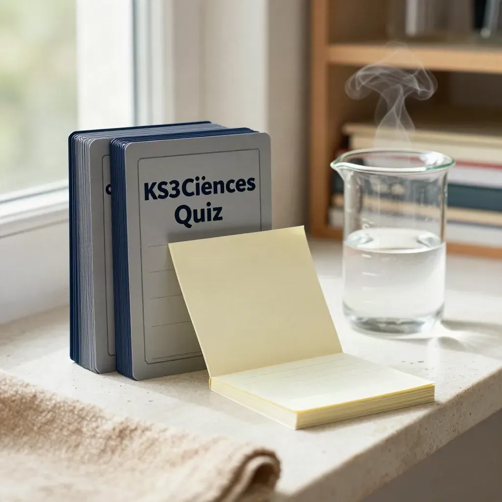 Science quiz bundle with card decks, sticky pad and beaker on a stone ledge in soft daylight.
