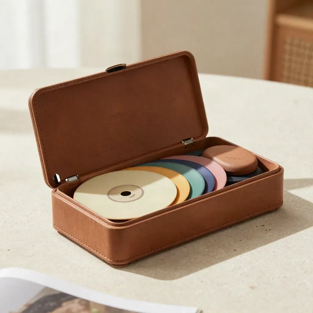 Half-open Phonics video set box with discs spilling on warm wood.