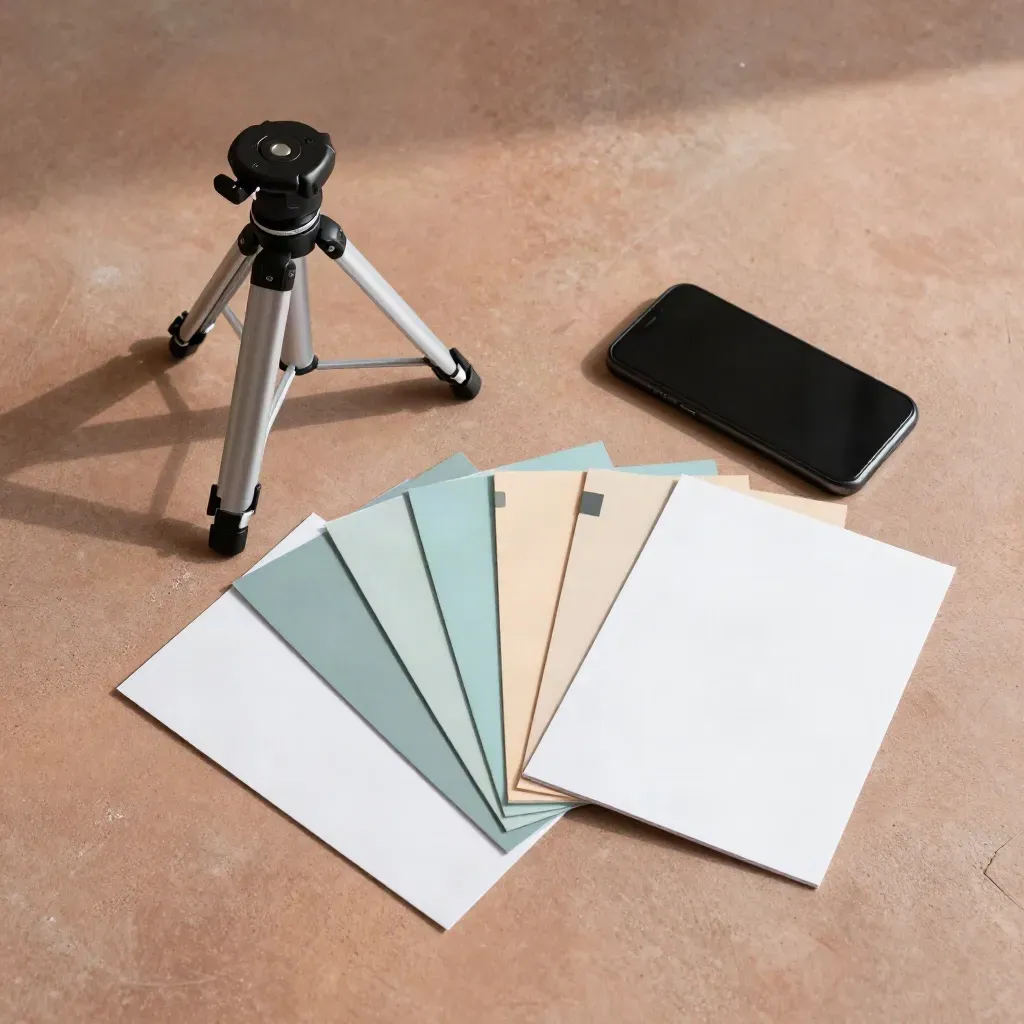 Overhead flatlay of a reel kit with tripod, phone, storyboard cards and teal swatches.