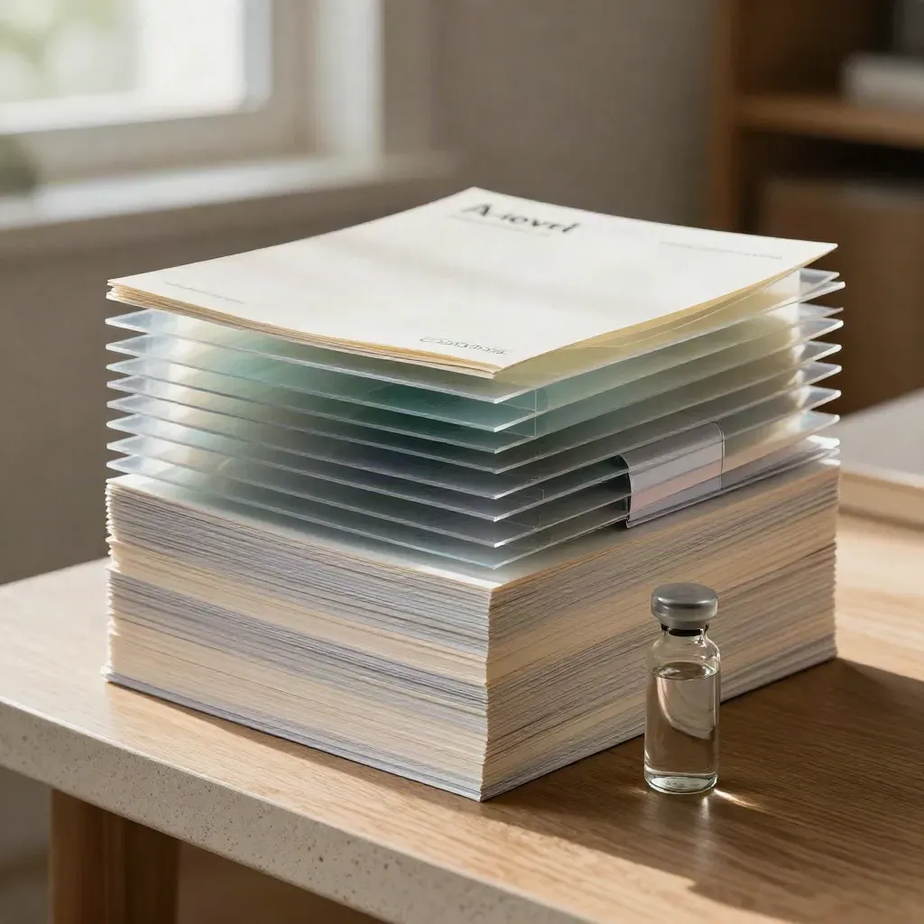 Chemistry notes booklet stack with acetate overlays, dividers and a glass vial on a stone shelf.