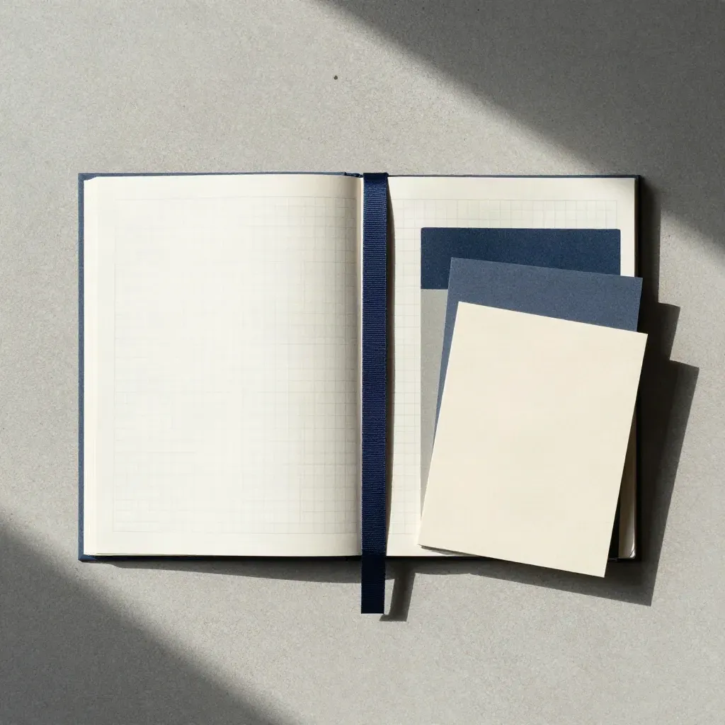 Overhead flatlay of a parent study guide booklet, ribbon and note cards on pale concrete