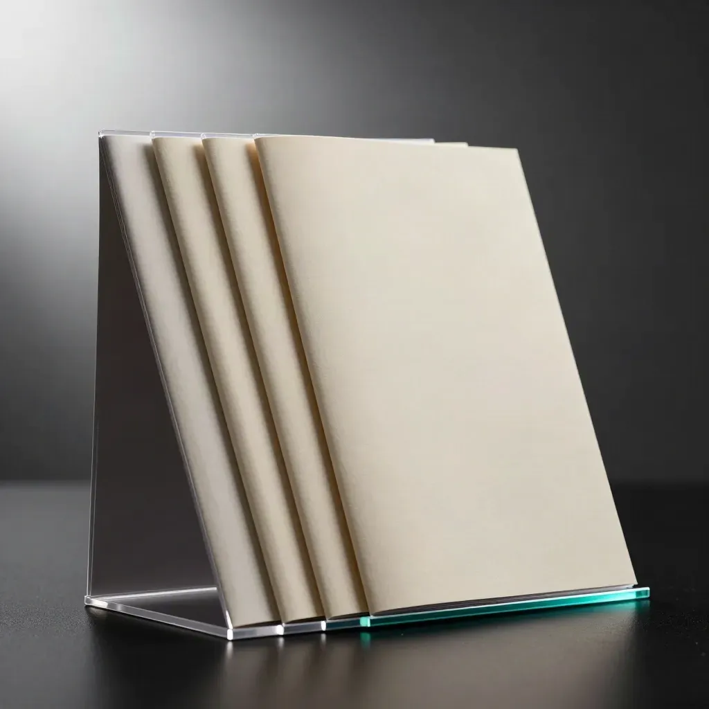 Layered school promo pack with frosted sleeves, folder and acrylic stand on a dark studio surface.