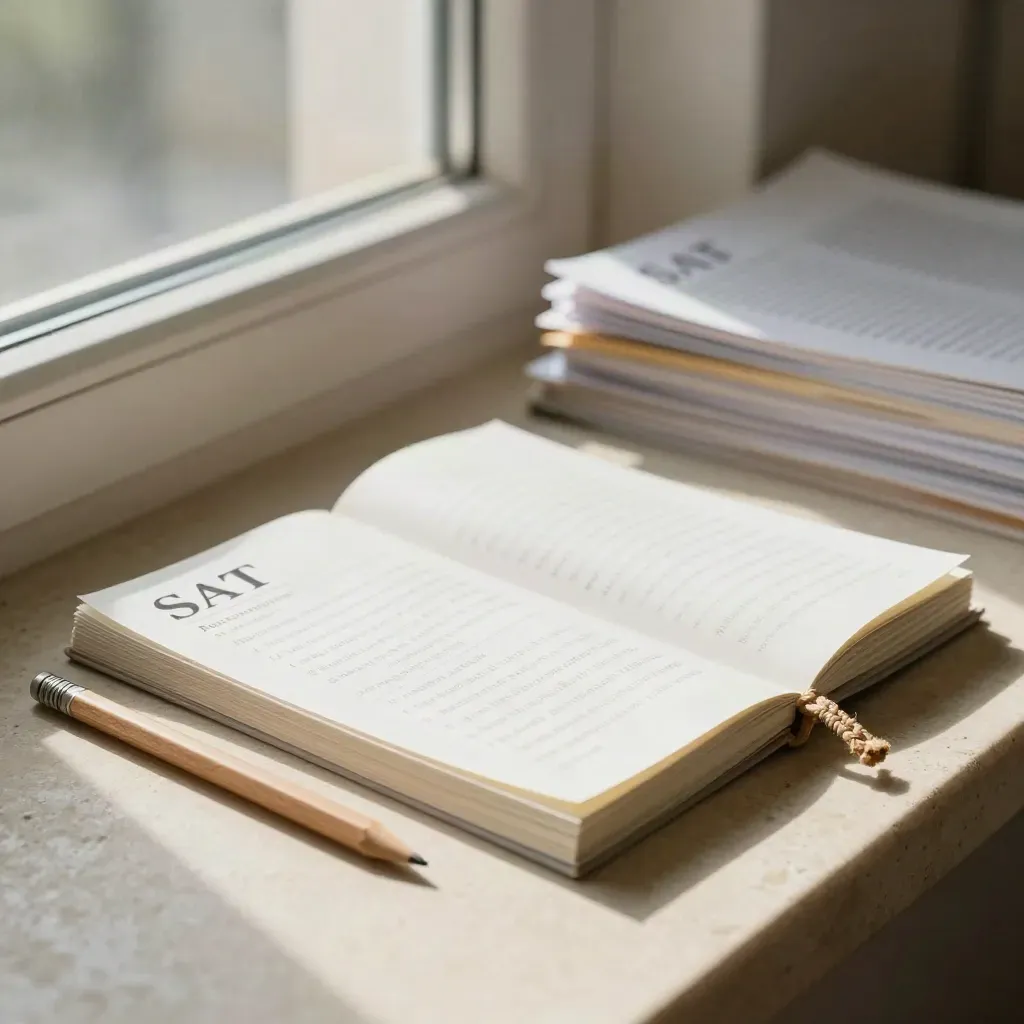 Fanned SATs reading practice cards with pencil stub and bookmark on a limestone windowsill.