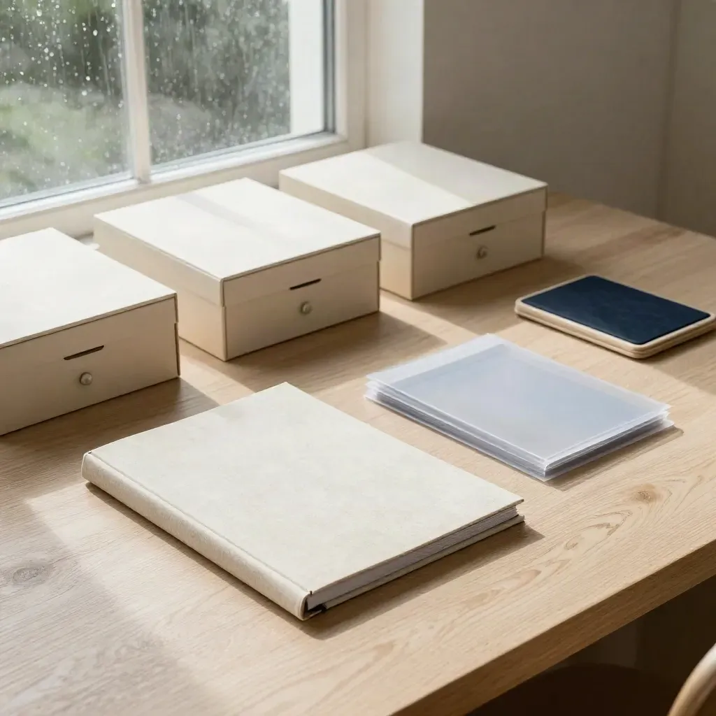 Pale oak study table by a rain-washed window with maths packs and soft daylight.