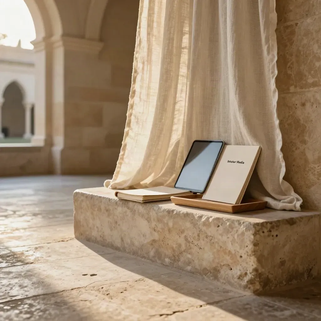 Sunlit limestone cloister with linen curtain, stone step and study materials in warm golden haze