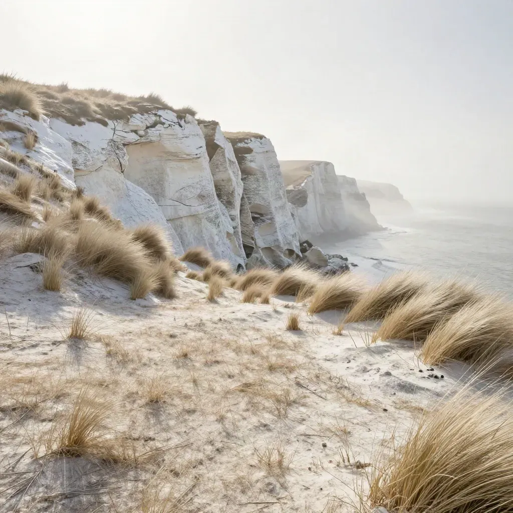 Windswept chalk ridge above pale grass and a misty sea line at dawn
