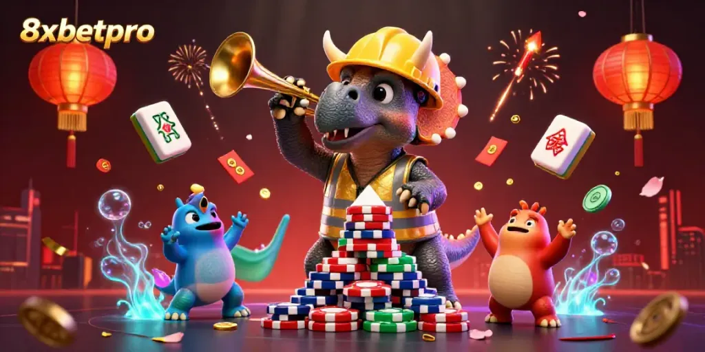 Engage in winning strategies at 8xbetpro with dynamic casino scenes featuring fun characters and rich gambling elements.