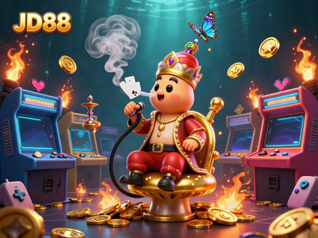 Experience the excitement of JD88 as a caterpillar masterfully plays casino games amid vibrant arcade elements.