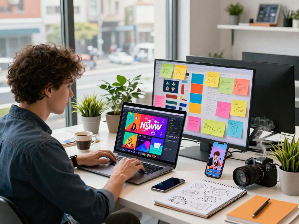 Youthful creator engaging with NSFW content creation in a dynamic workspace.