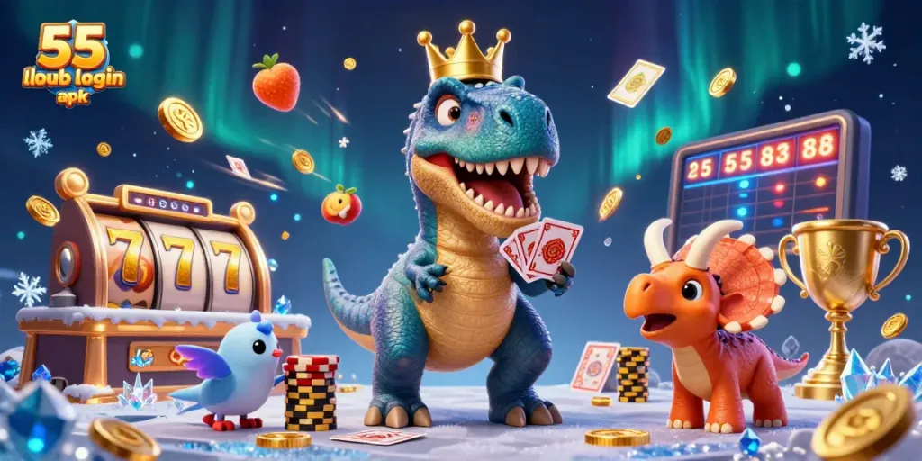 Experience the excitement of 55 club login apk with a lively T-Rex and friends amidst dynamic casino elements.