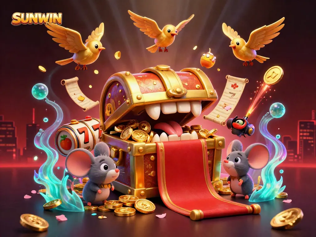 Experience the vibrant SUNWIN casino scene with golden treasure chest, gaming elements, and dynamic fireworks.