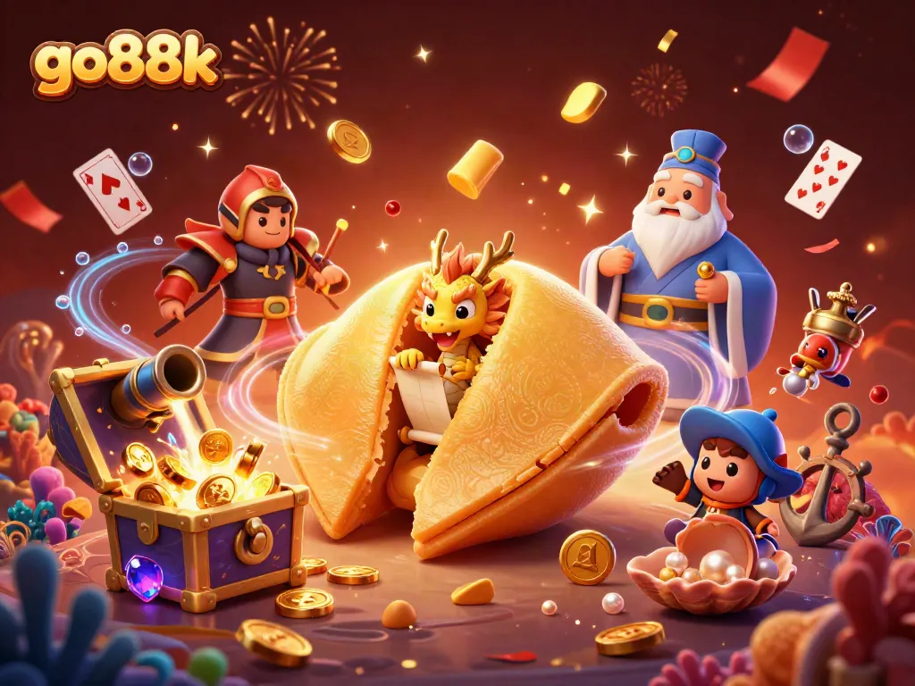 Experience the excitement of go88k with a magical casino scene featuring golden fortunes and playful characters.