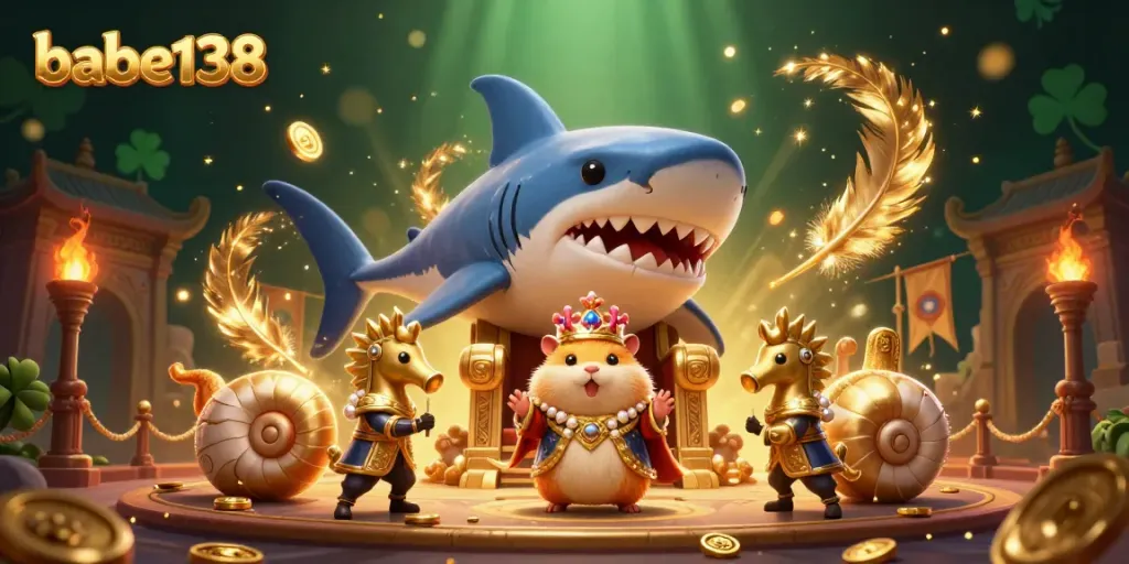 Gambarlah raja hamster emas dan penjaga kuda laut di arena perjudian babe138 yang penuh dengan detail.
