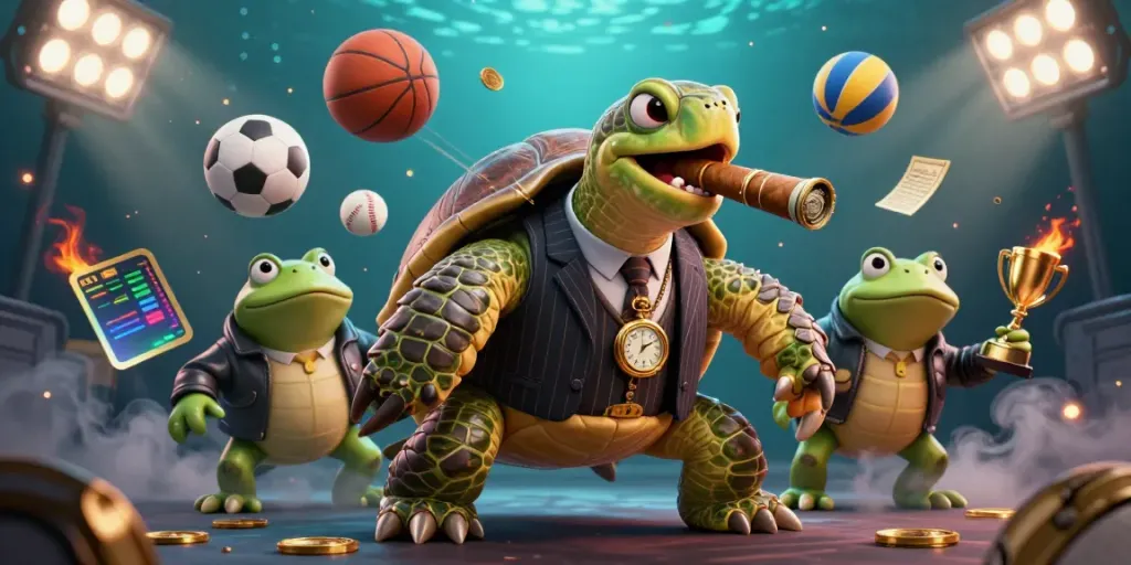 Experience vibrant 8xbet sports excitement with a turtle mobster and bullfrog enforcers.
