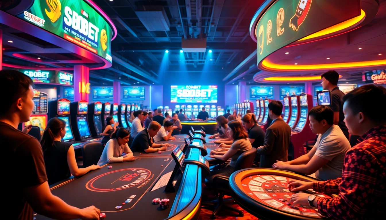 Exciting gaming atmosphere at SBOBET.dance casino with diverse players enjoying poker and sports betting.
