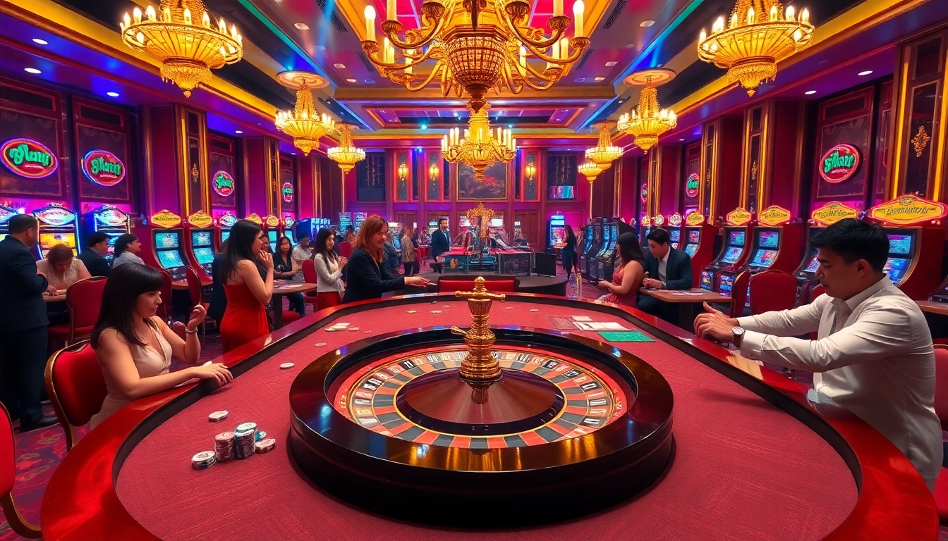 Gamblers enjoying excitement at a casino featuring professional 88xx roulette tables and vibrant slot machines.
