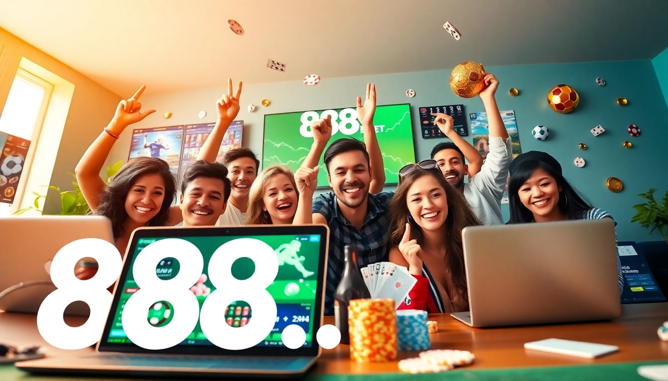 Exciting betting interface of 888b.bet showcasing sports and casino games with users celebrating wins.