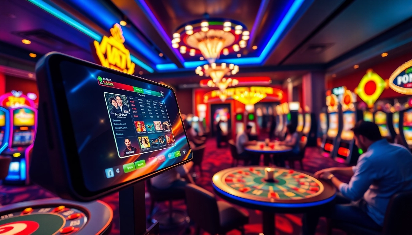 Hello88win.live: An engaging online betting scene showcasing vibrant slot machines and players in a modern casino atmosphere.