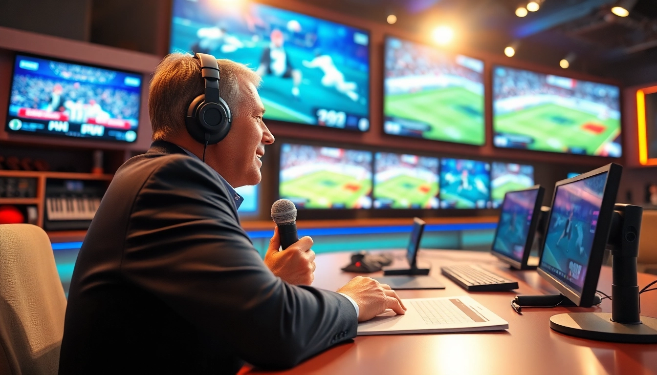 Capture the essence of Sports Broadcasting with a passionate sports announcer at a bustling broadcasting desk.