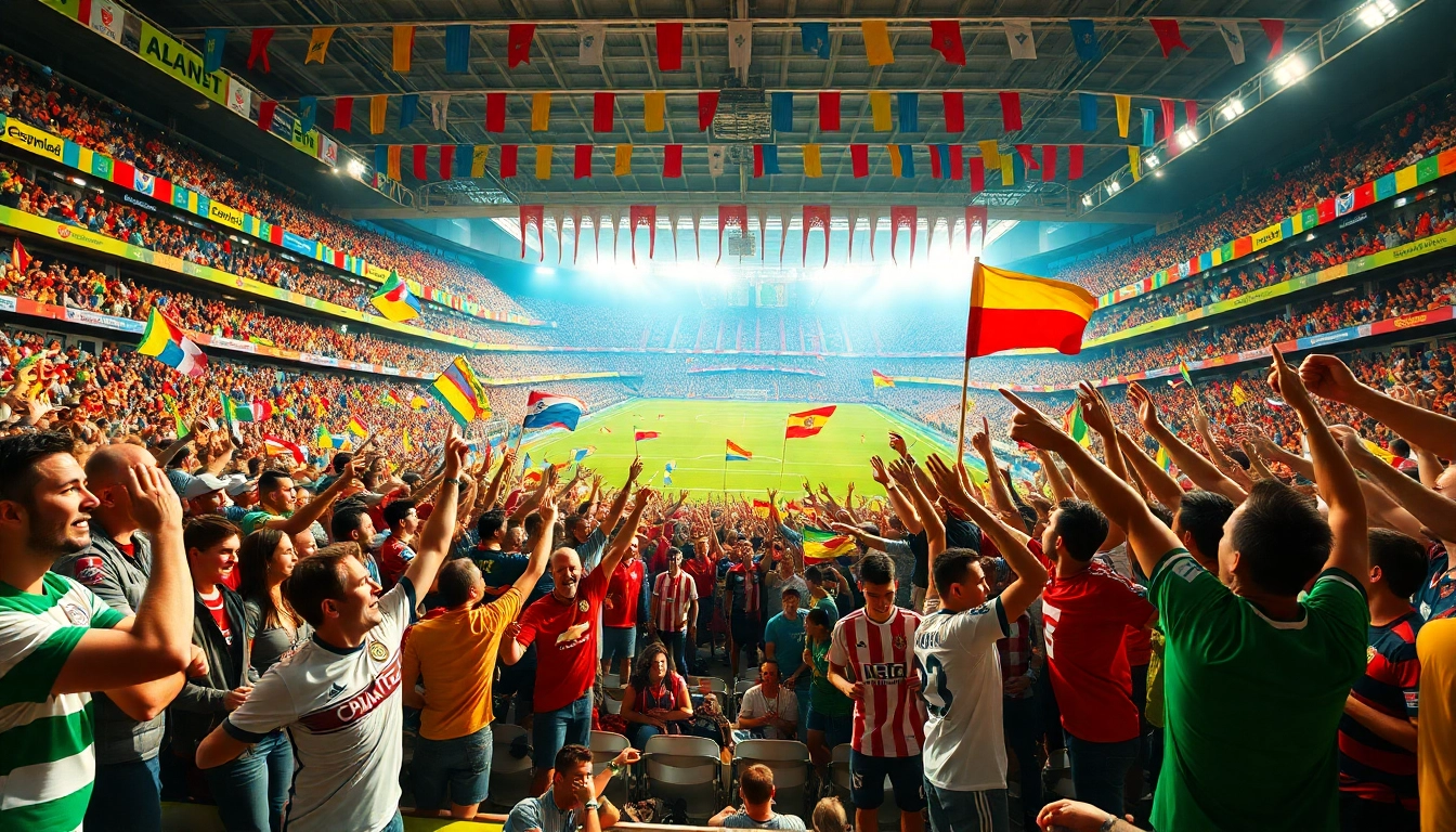 Exciting football fan scene at a stadium celebrating, showcasing joemadfan.com spirit.