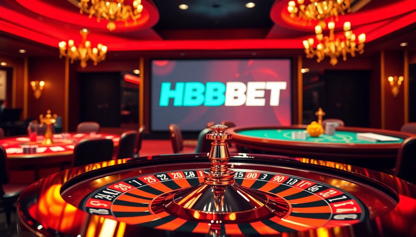 Experience the thrilling excitement of HBBET at a luxurious online casino with players engaged in poker and roulette.