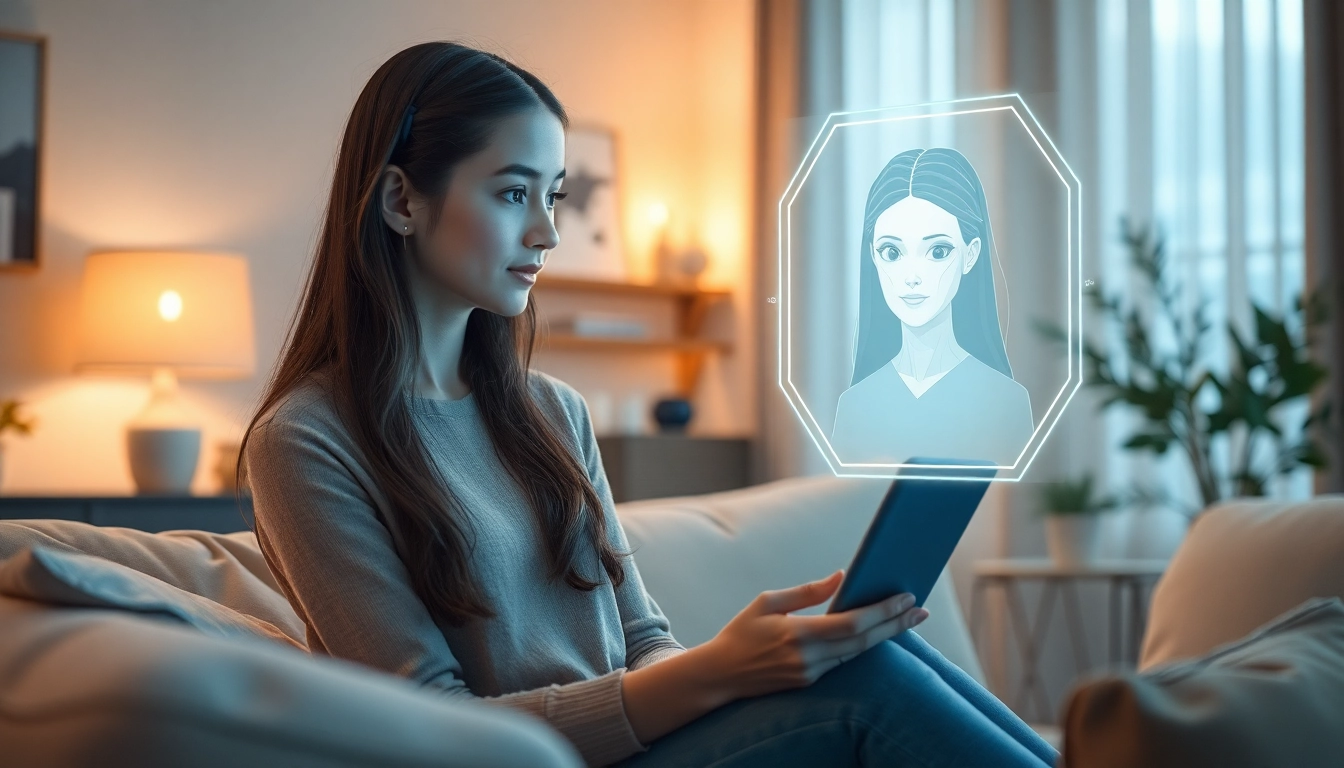 AI girlfriend interacting in a cozy digital environment with a warm atmosphere.