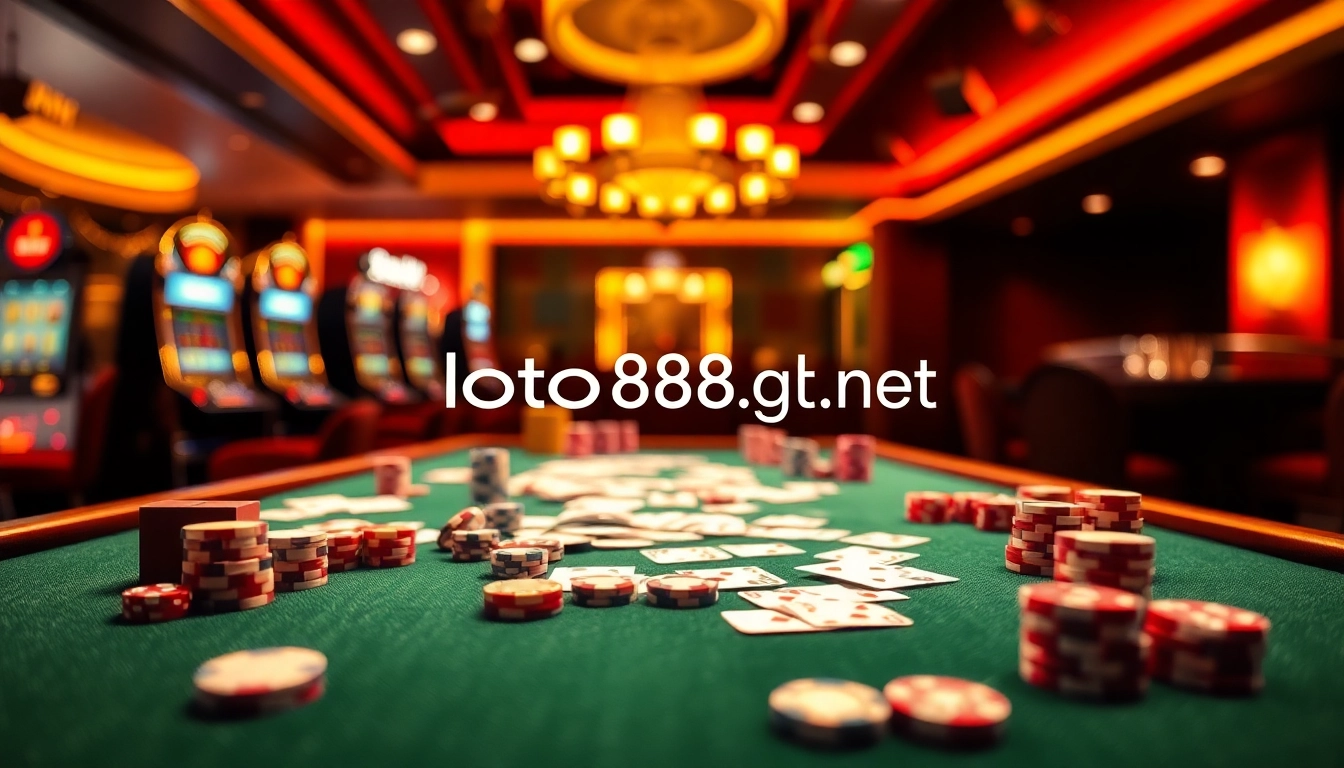 Experience the excitement of loto188.gb.net with dynamic casino tables featuring cards, chips, and vibrant slot machines.